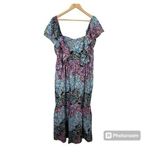 Anthropologie Floral Eyelet Long Dress Colorful Ruffle Lined Size L